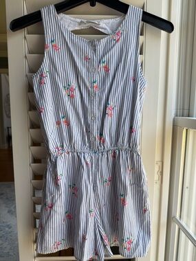abercrombie kids Blue and White Striped Romper with Pink Floral Accents 11/12